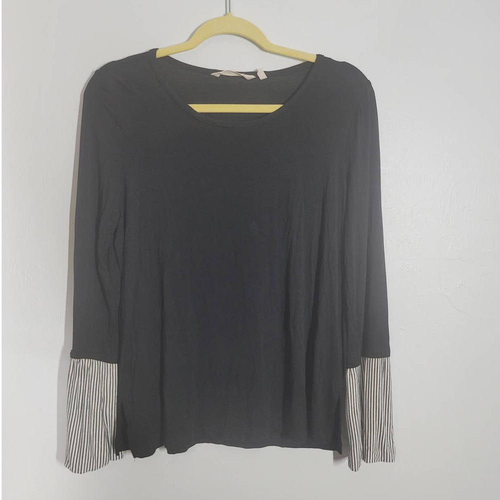 Soft Surroundings Tee Size PM Round Neck Long Sleeve Stripe Cuffs Pullover Black
